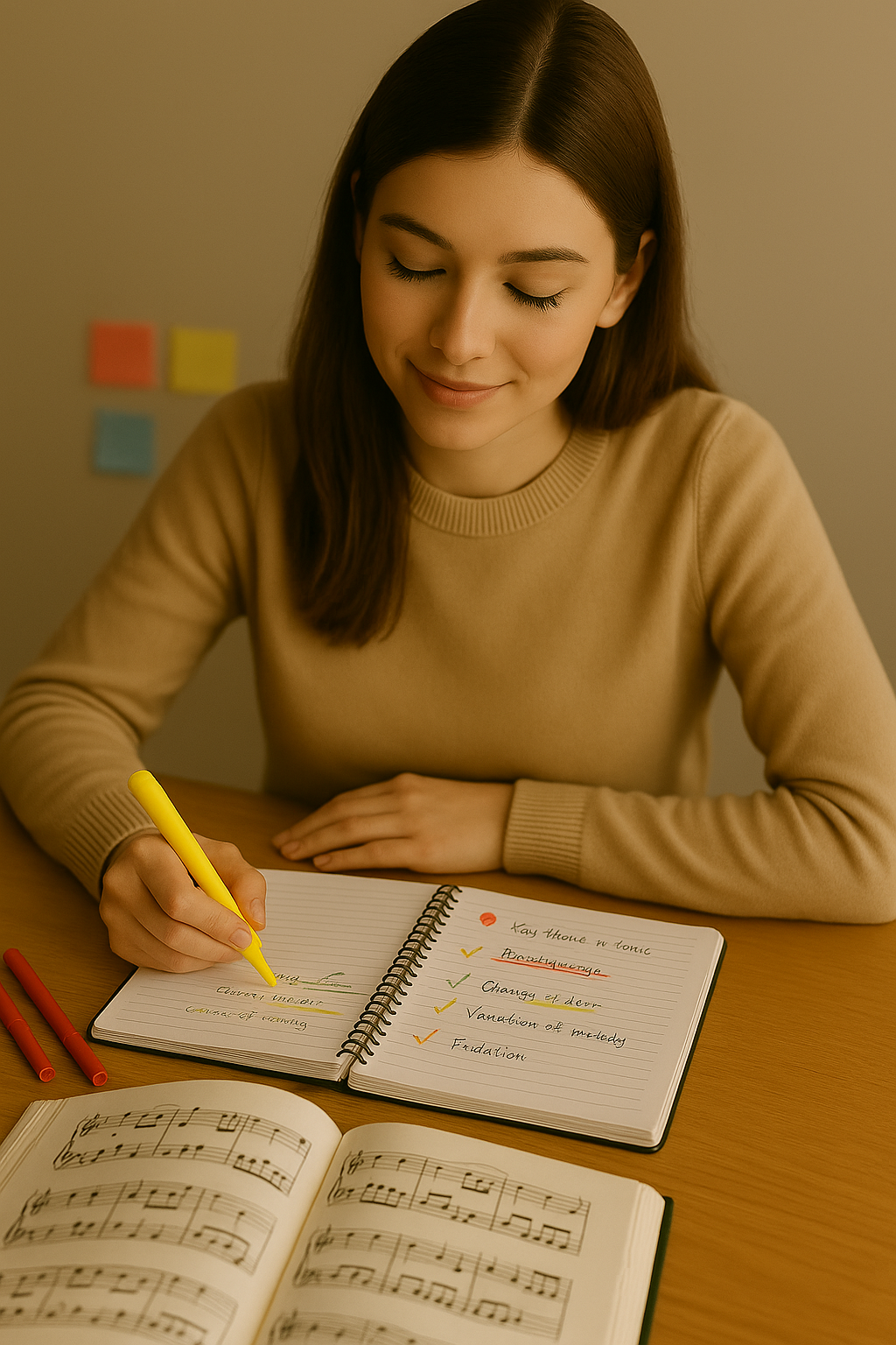 a female student's music revision notes highlighted in different colours showing emphasis on main ideas and supporting details